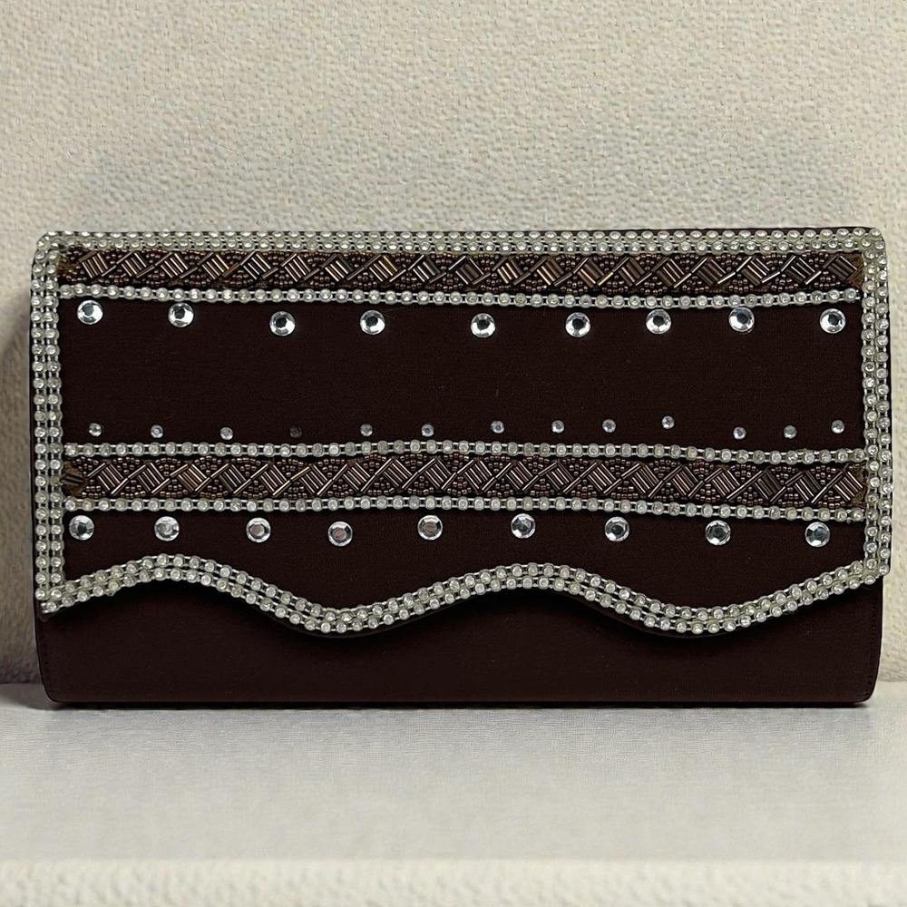 NWT Elite Champagne Clutch Purse Womens Brown‎ Cream Beaded Rhinestone NOS VTG